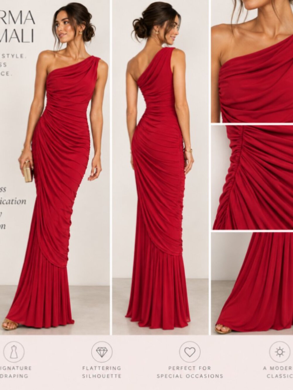 Norma Kamali red Diana-style one-shoulder gown